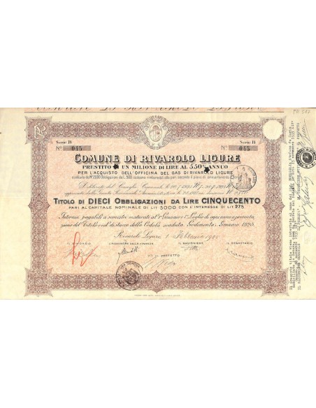 COMUNE DI RIVAROLO LIGURE - 10 OBBLIGAZIONI - 1925
