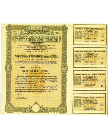 1972 - CONSORZIO DI CREDITO PER LE OPERE PUBBLICHE "FERROVIE DELLO STATO" 100.000 - ROMA