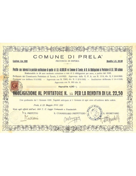 COMUNE DI PRELA' - UNA OBBLIGAZIONE 1935