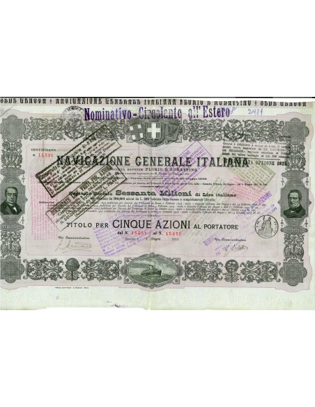 1913 - NAVIGAZIONE GENERALE ITALIANA - 5 AZIONI - GENOVA