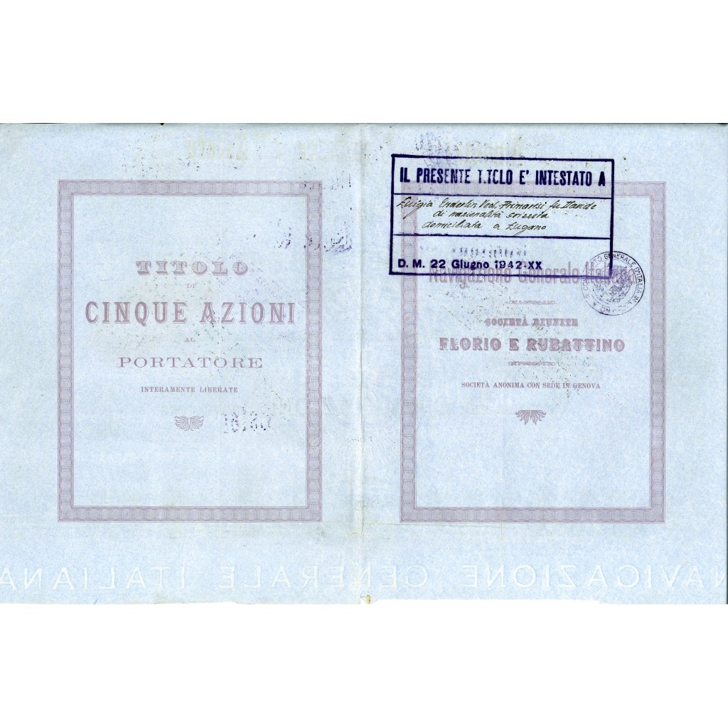 1913 - NAVIGAZIONE GENERALE ITALIANA - 5 AZIONI...