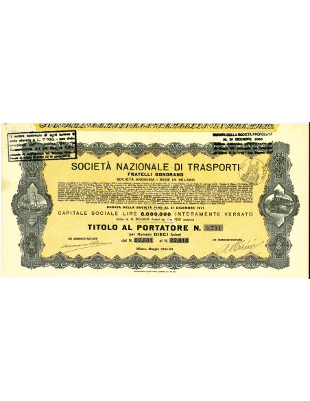 1934 - SOCIETÀ NAZIONALE DI TRASPORTI FRATELLI GONDRAND 10 AZIONI - MILANO