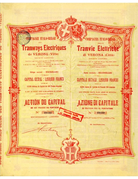 1905 - COMPAGNIE ITALO-BELGE TRAMWAYS ELECTRIQUES DE VERONE - 1 AZIONE CAPITALE