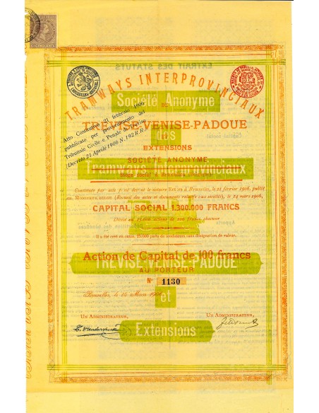 1906 - TRAMWAYS INTERPROVINCIAUX DE TREVISE VENISE PADOUE 1 AZIONE CAPITALE - BRUXELLES