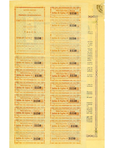 1906 - TRAMWAYS INTERPROVINCIAUX DE TREVISE VENISE PADOUE 1 AZIONE CAPITALE - BRUXELLES