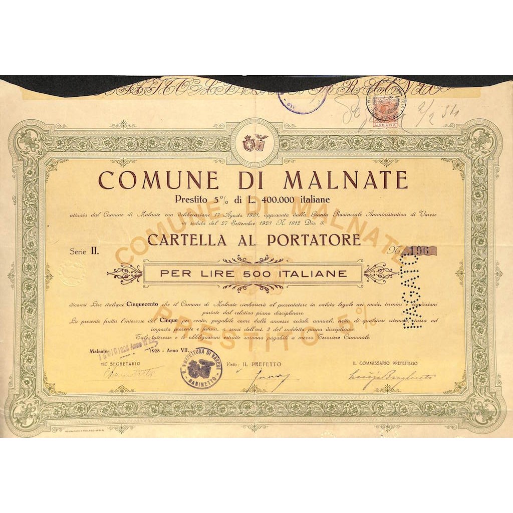 COMUNE DI MALNATE - 1 OBBLIGAZIONE - 1928