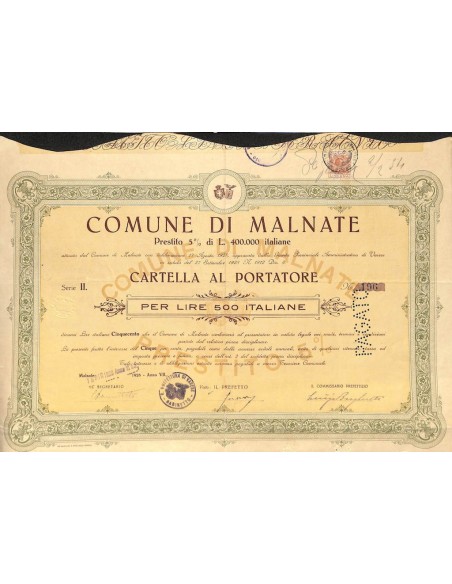 COMUNE DI MALNATE - 1 OBBLIGAZIONE - 1928