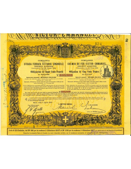 1907 - STRADA FERRATA VITTORIO - EMANUELE 5 OBBLIGAZIONI 100 FRANCHI - ROMA