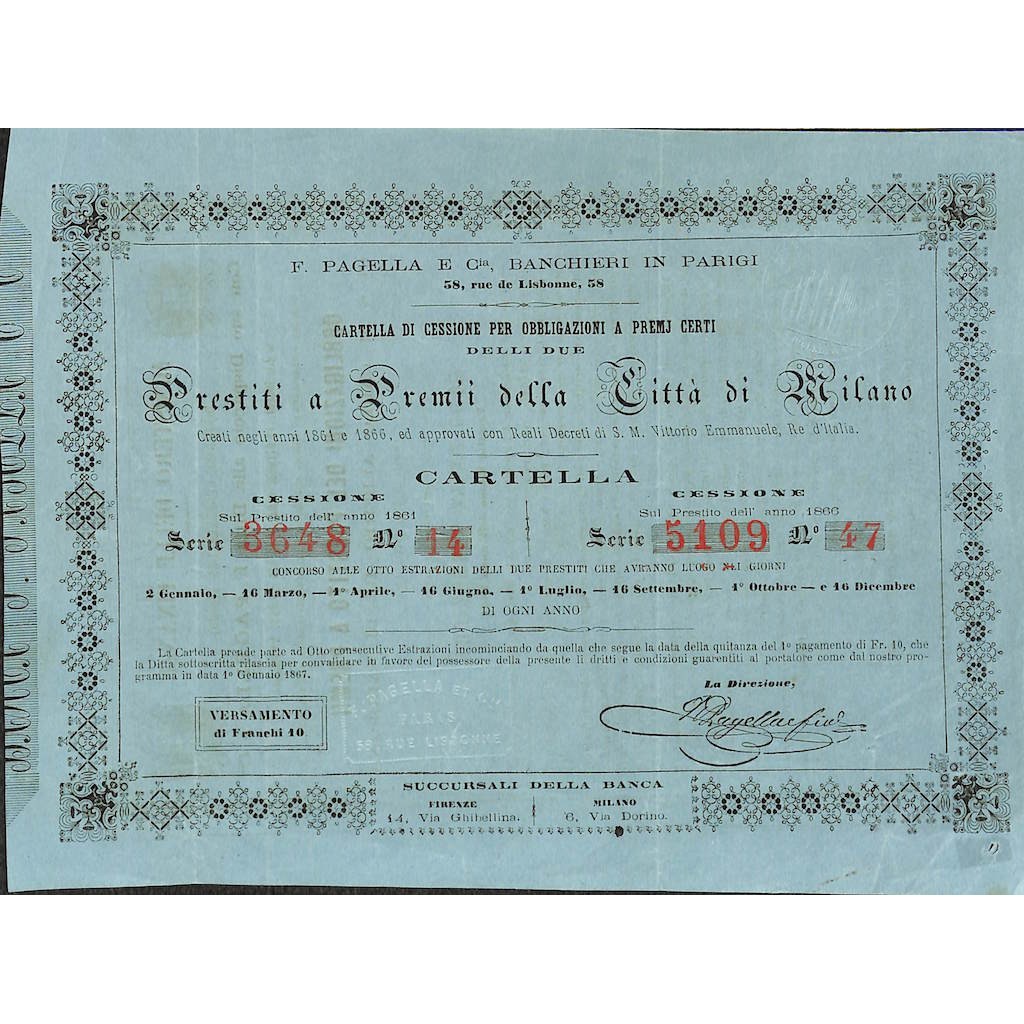 PRESTITI A PREMI DELLA CITTA' DI MILANO - 1 OBBLIGAZIONE 1861