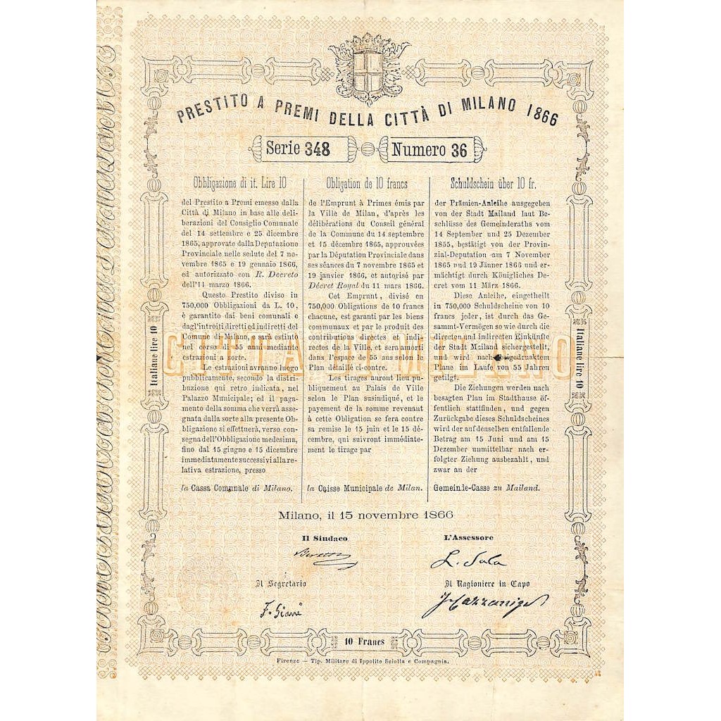 PRESTITO A PREMI DELLA CITTA' DI MILANO 1 OBBLIGAZ. 1866