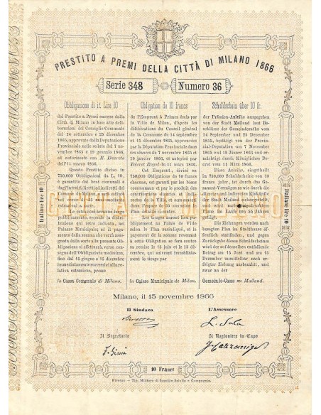 PRESTITO A PREMI DELLA CITTA' DI MILANO 1 OBBLIGAZ. 1866