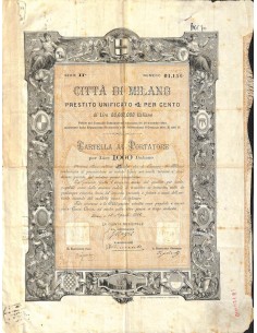 CITTA' DI MILANO - UNA OBBLIGAZIONE 4% 1000 LIRE- 1886
