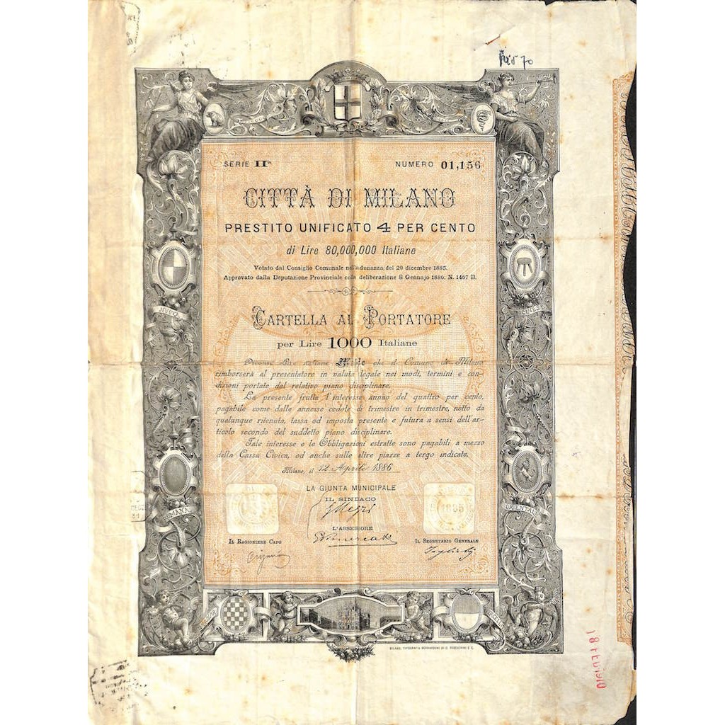 CITTA' DI MILANO - UNA OBBLIGAZIONE 4% 1000 LIRE- 1886