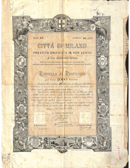 CITTA' DI MILANO - UNA OBBLIGAZIONE 4% 1000 LIRE- 1886