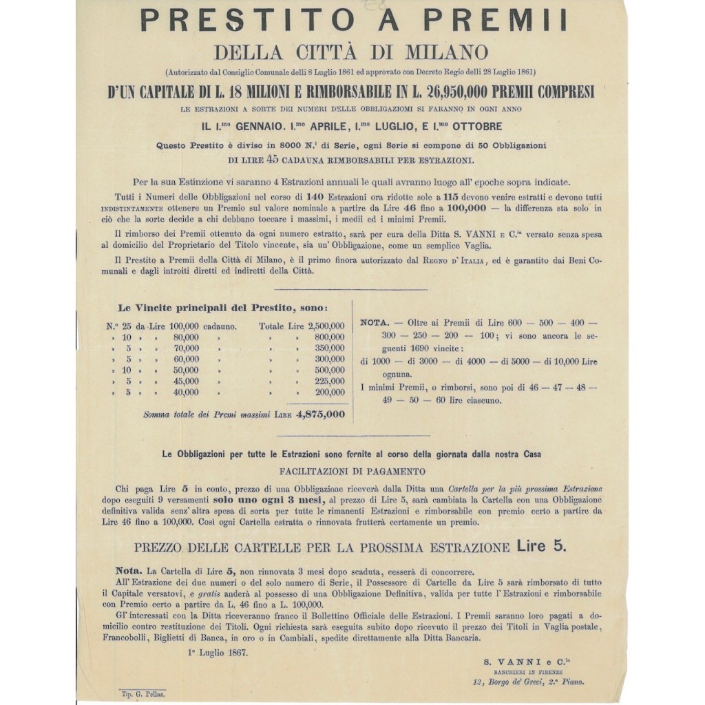 PRESTITO A PREMI DELLA CITTA' DI MILANO - VOLANTINO 1861