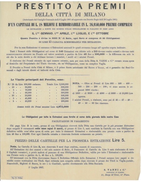 PRESTITO A PREMI DELLA CITTA' DI MILANO - VOLANTINO 1861