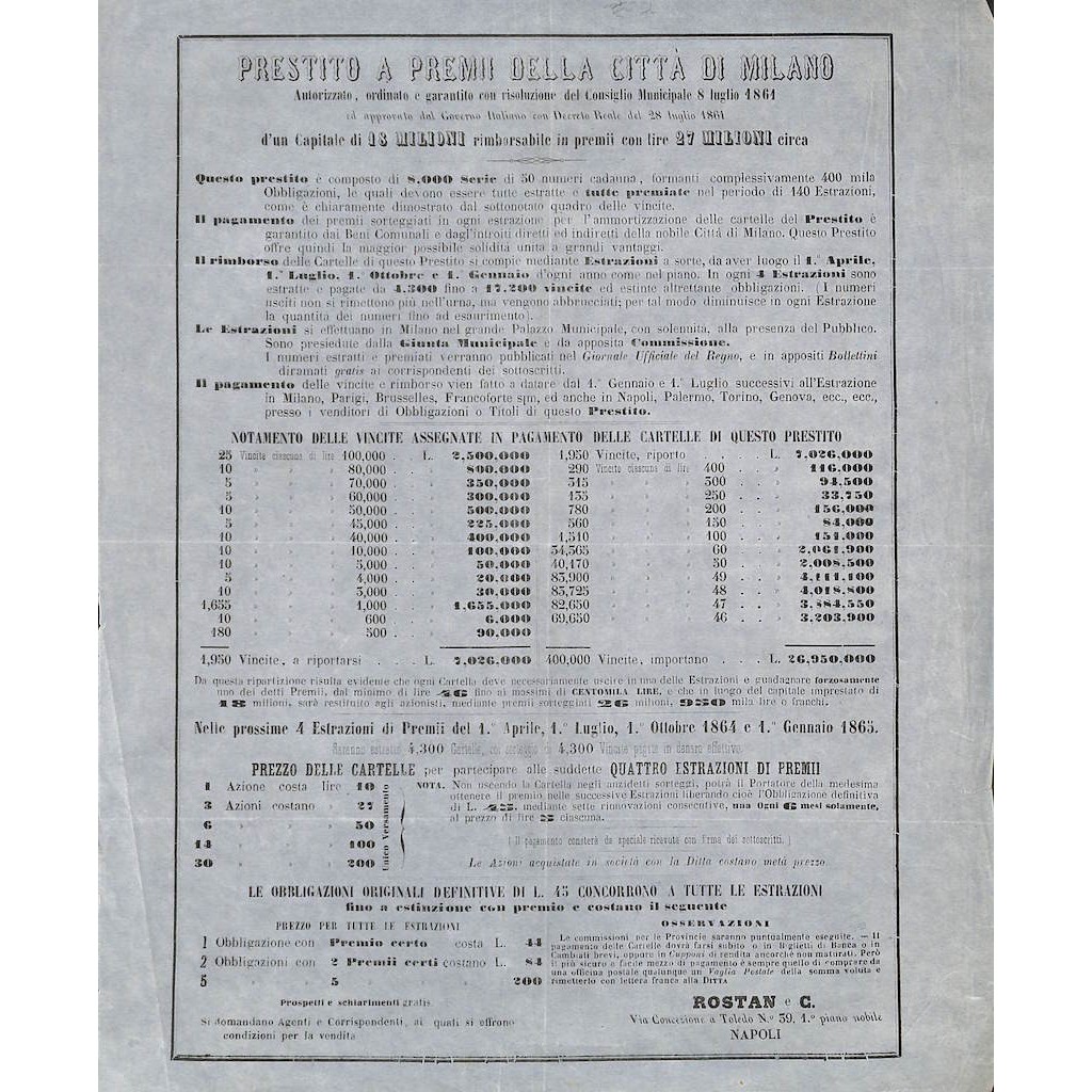 PRESTITO A PREMI DELLA CITTA' DI MILANO - VOLANTINO 1864
