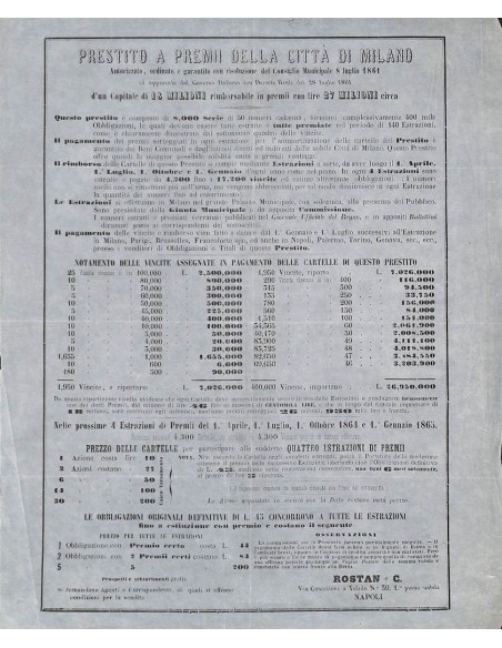 PRESTITO A PREMI DELLA CITTA' DI MILANO - VOLANTINO 1864