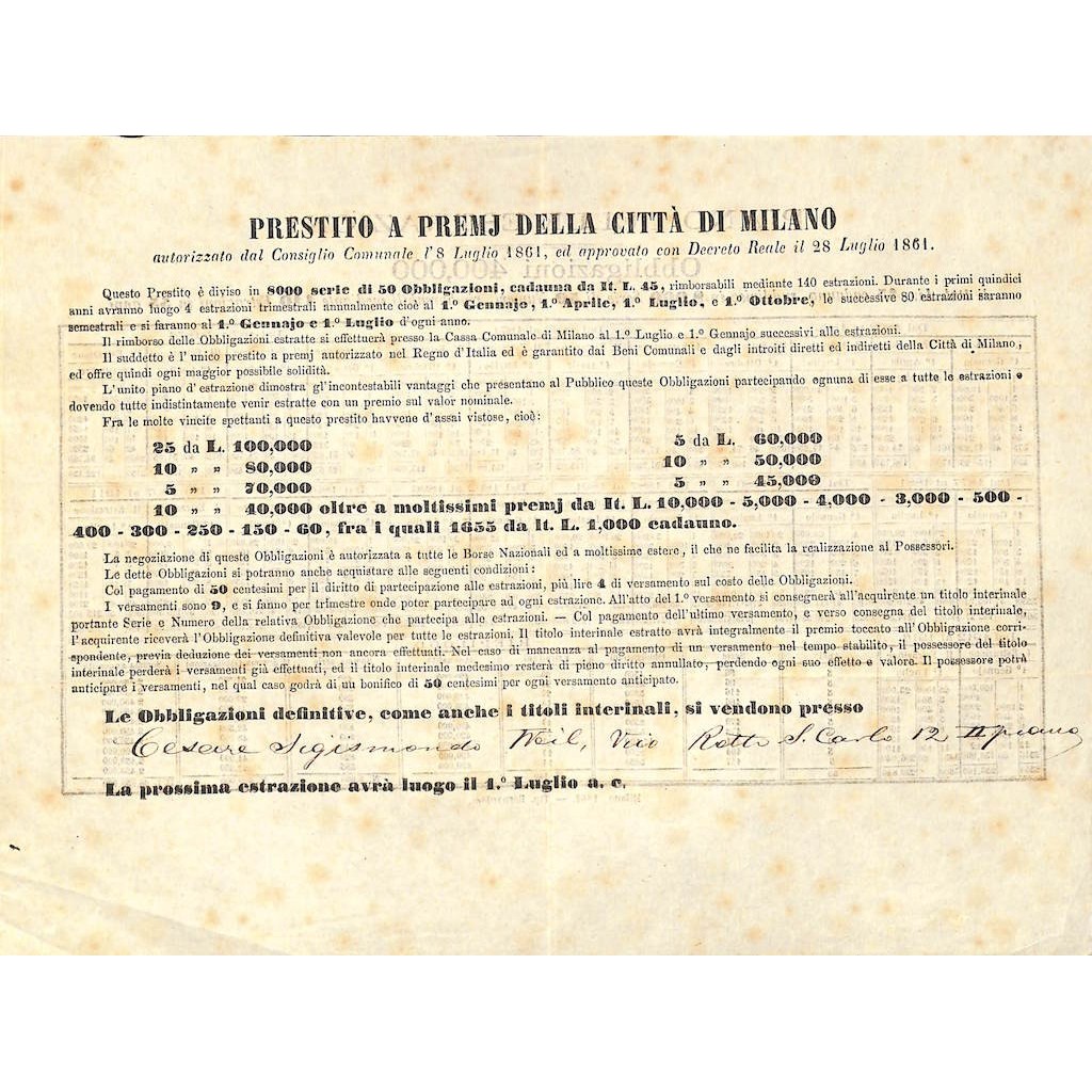 PRESTITO A PREMI DELLA CITTA' DI MILANO - VOLANTINO 1861