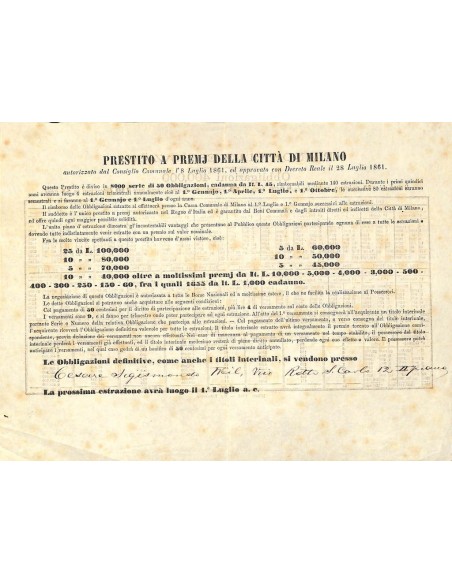 PRESTITO A PREMI DELLA CITTA' DI MILANO - VOLANTINO 1861