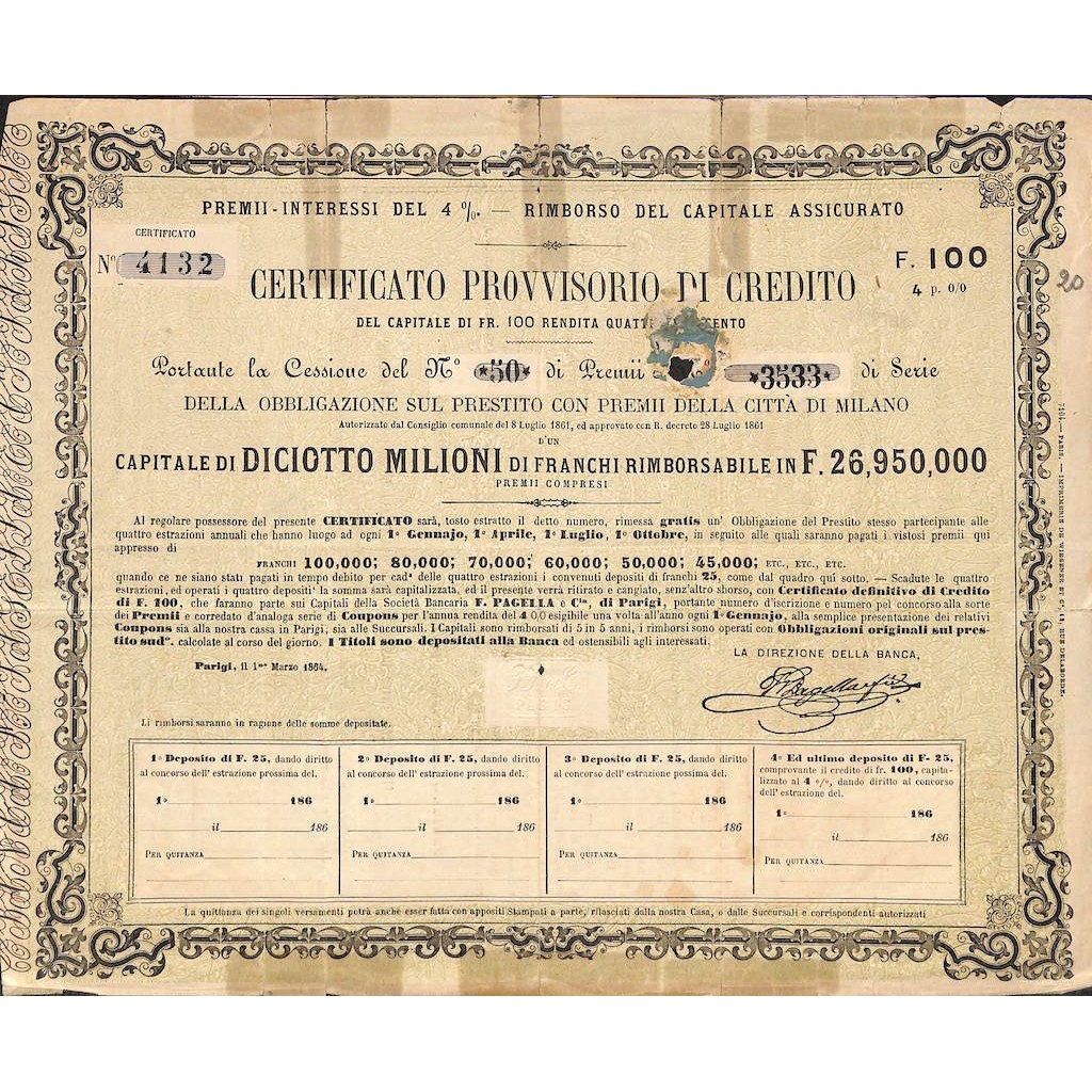 PRESTITO A PREMII CITTA' DI MILANO - CERT. PROVVISIORIO 1 OBB. 1864
