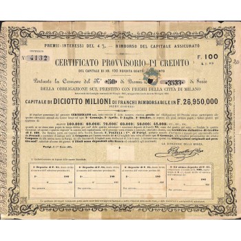 PRESTITO A PREMII CITTA' DI MILANO - CERT. PROVVISIORIO 1 OBB. 1864