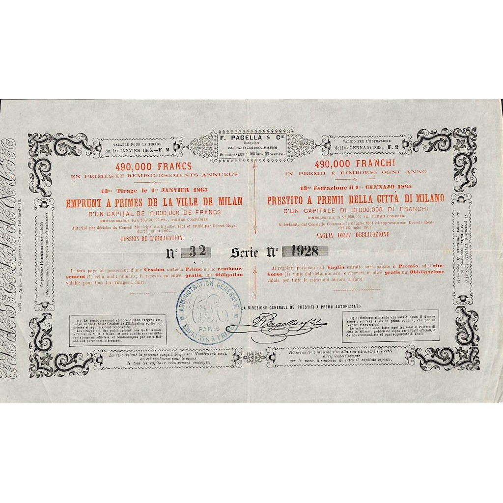 F. PAGELLA PRESTITO A PREMII CITTA' DI MILANO - VAGLIA DI 1 OBB. 1865