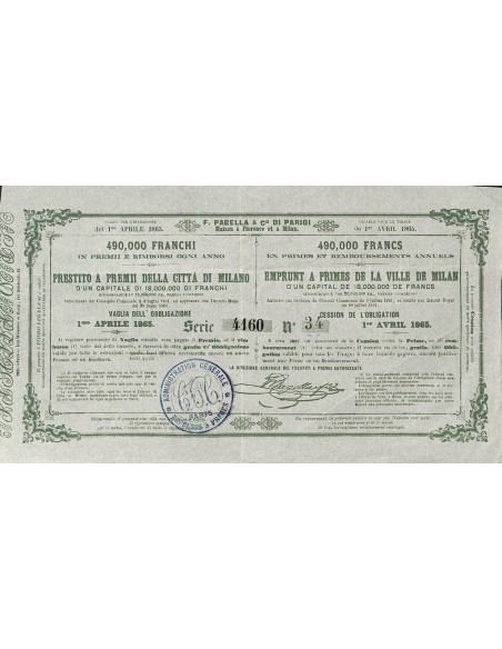 F. PAGELLA PRESTITO A PREMII CITTA' DI MILANO - VAGLIA DI 1 OBB. 1865