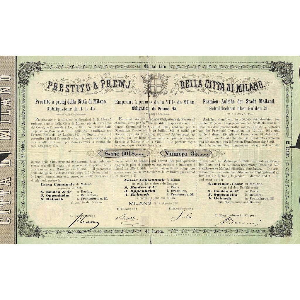 PRESTITO A PREMJ CITTA' DI MILANO - 1 OBB. 1865