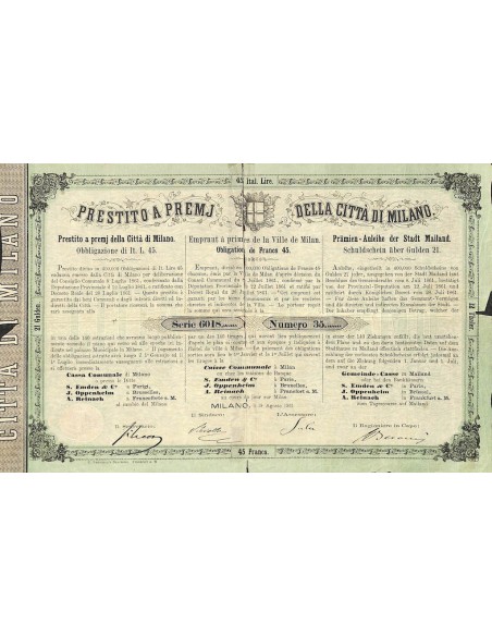 PRESTITO A PREMJ CITTA' DI MILANO - 1 OBB. 1865