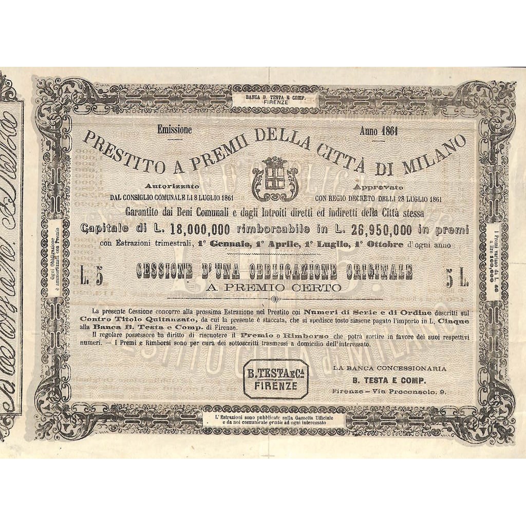 BANCA TESTA - PRESTITO A PREMII CITTA' DI MILANO - CESSIONE DI 1 OBB. 1861