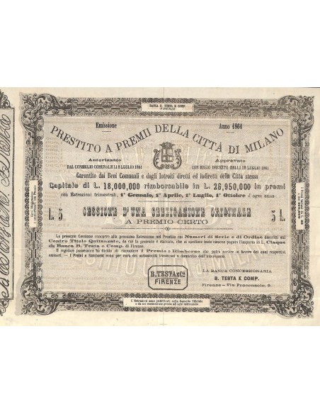 BANCA TESTA - PRESTITO A PREMII CITTA' DI MILANO - CESSIONE DI 1 OBB. 1861