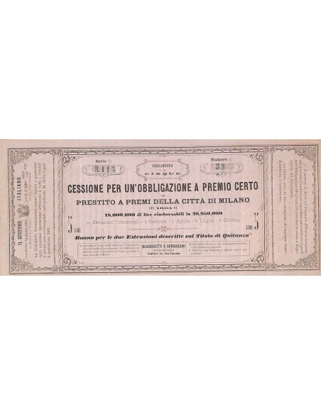 PRESTITO A PREMI CITTA' DI MILANO - CESSIONE DI 1 OBB. 1861