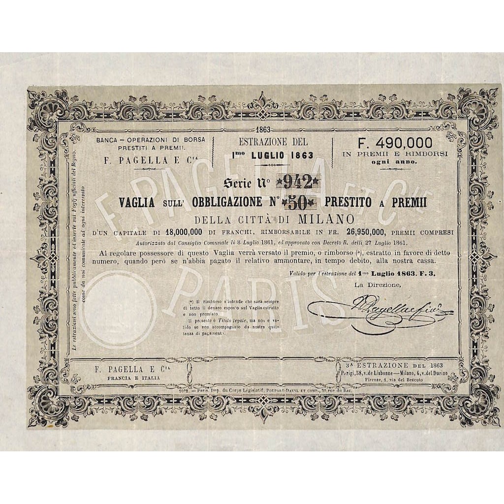 PRESTITO A PREMII CITTA' DI MILANO - VAGLIA DI 1 OBB. 1863