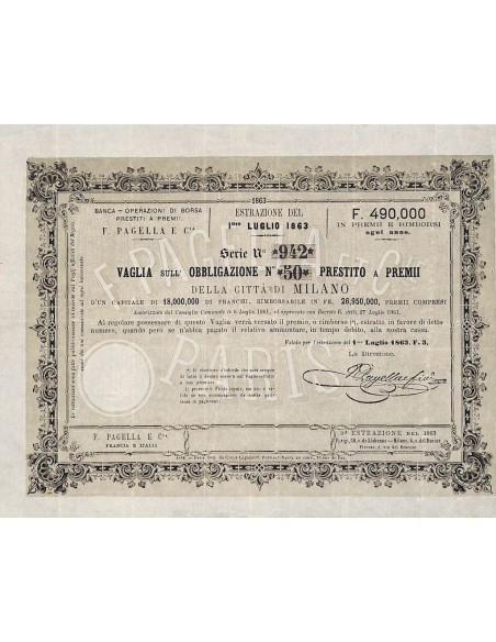 PRESTITO A PREMII CITTA' DI MILANO - VAGLIA DI 1 OBB. 1863