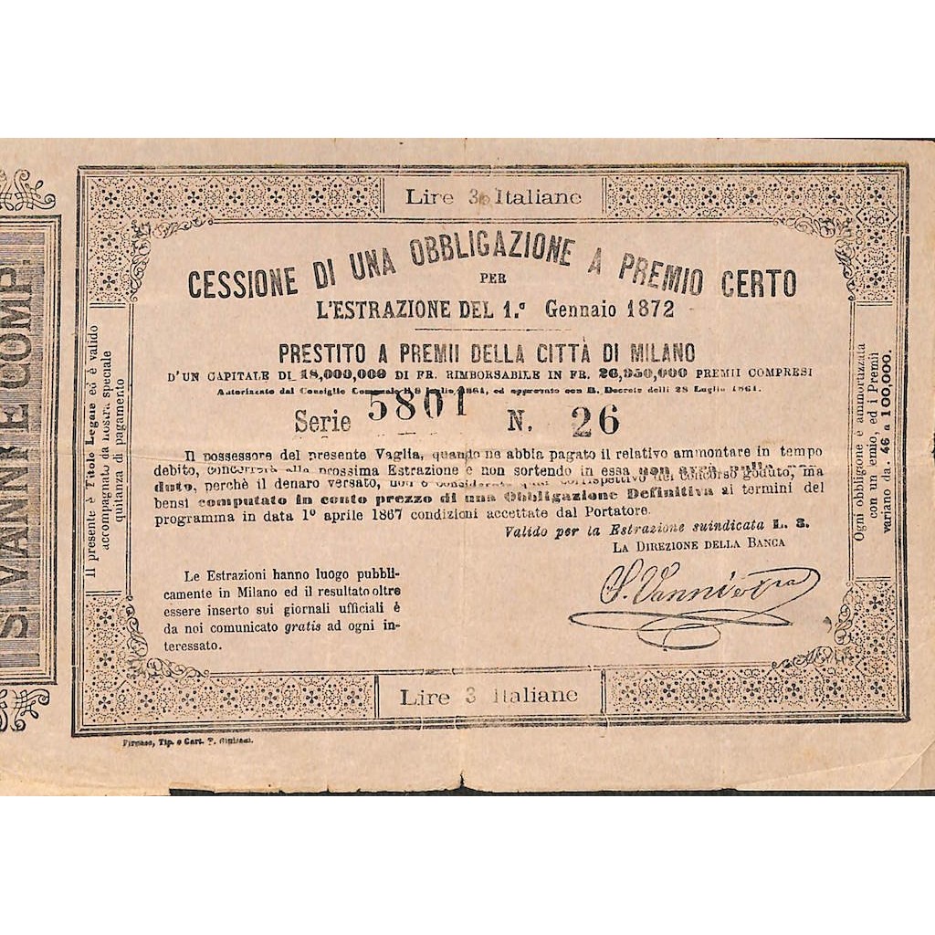 PRESTITO A PREMII CITTA' DI MILANO - CESSIONE 1 OBBLIG. 1872