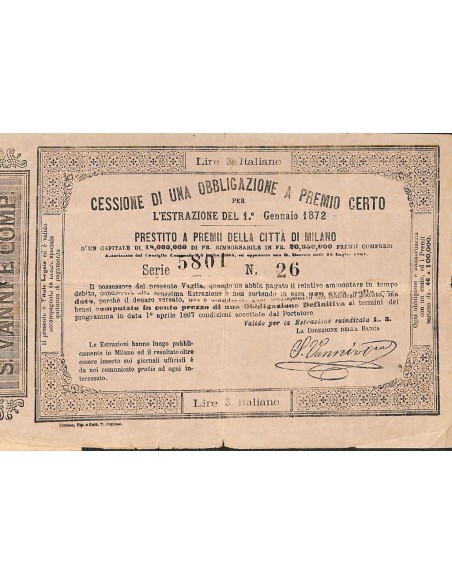 PRESTITO A PREMII CITTA' DI MILANO - CESSIONE 1 OBBLIG. 1872