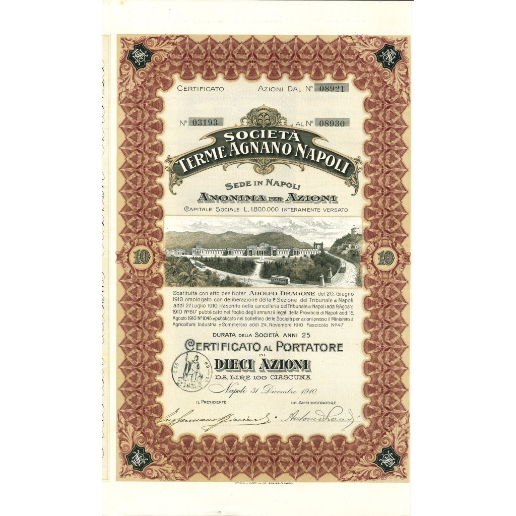 1910 - TERME AGNANO NAPOLI SOC. 10 AZIONI - NAPOLI