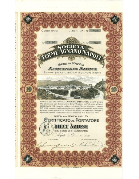 1910 - TERME AGNANO NAPOLI SOC. 10 AZIONI - NAPOLI