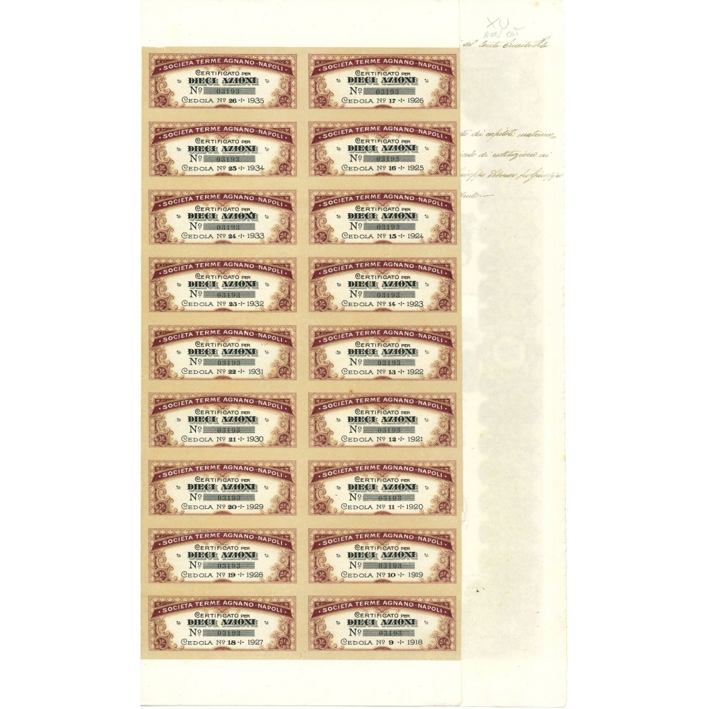 1910 - TERME AGNANO NAPOLI SOC. 10 AZIONI - NAPOLI