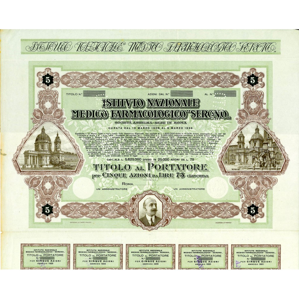 1906 - ISTITUTO NAZIONALE MEDICO FARMACOLOGICO SERONO 5 AZIONI - ROMA