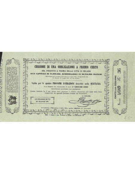 PRESTITO A PREMII CITTA' DI MILANO - CESSIONE 1 OBBLIG. 1861