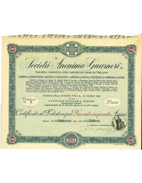 1920 - GUARNERI S.A. FABBRICA DI MEDICAZIONE 250 AZIONI - MILANO