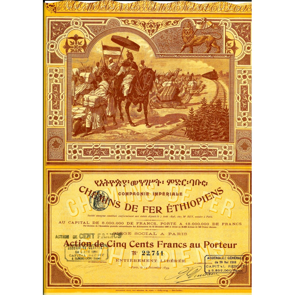 1899 - COMP. IMPERIALE CHEMINS DE FER ETHIOPIENS 1 AZIONE 100 FRANCHI - PARIGI
