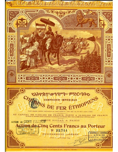 1899 - COMP. IMPERIALE CHEMINS DE FER ETHIOPIENS 1 AZIONE 100 FRANCHI - PARIGI