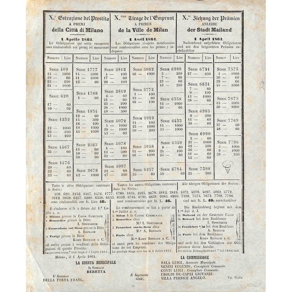 X ESTRAZIONE DEL PRESTITO A PREMJ DELLA CITTA' DI MILANO - 1863