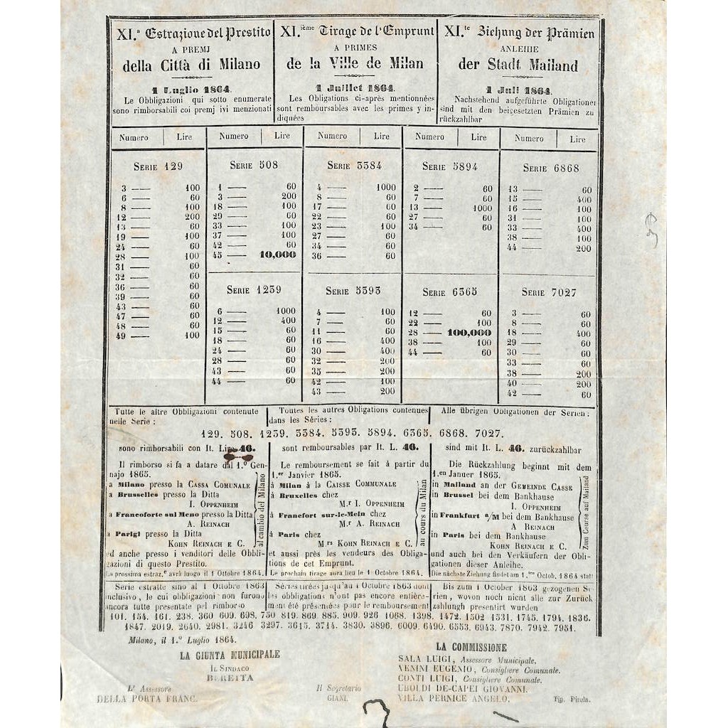 XI ESTRAZIONE DEL PRESTITO A PREMJ DELLA CITTA' DI MILANO - 1864