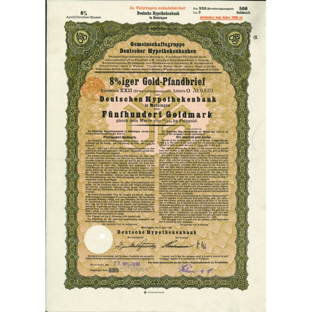 1930 - GERMAN GOLD BOND MEININGEN EM. XXII 500...