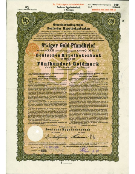 1930 - GERMAN GOLD BOND MEININGEN EM. XXII 500 GOLDMARK (50/279 Kg. Feingold)