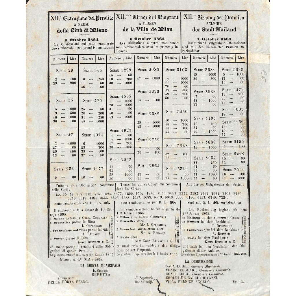 XII ESTRAZIONE DEL PRESTITO A PREMJ DELLA CITTA' DI MILANO - 1864